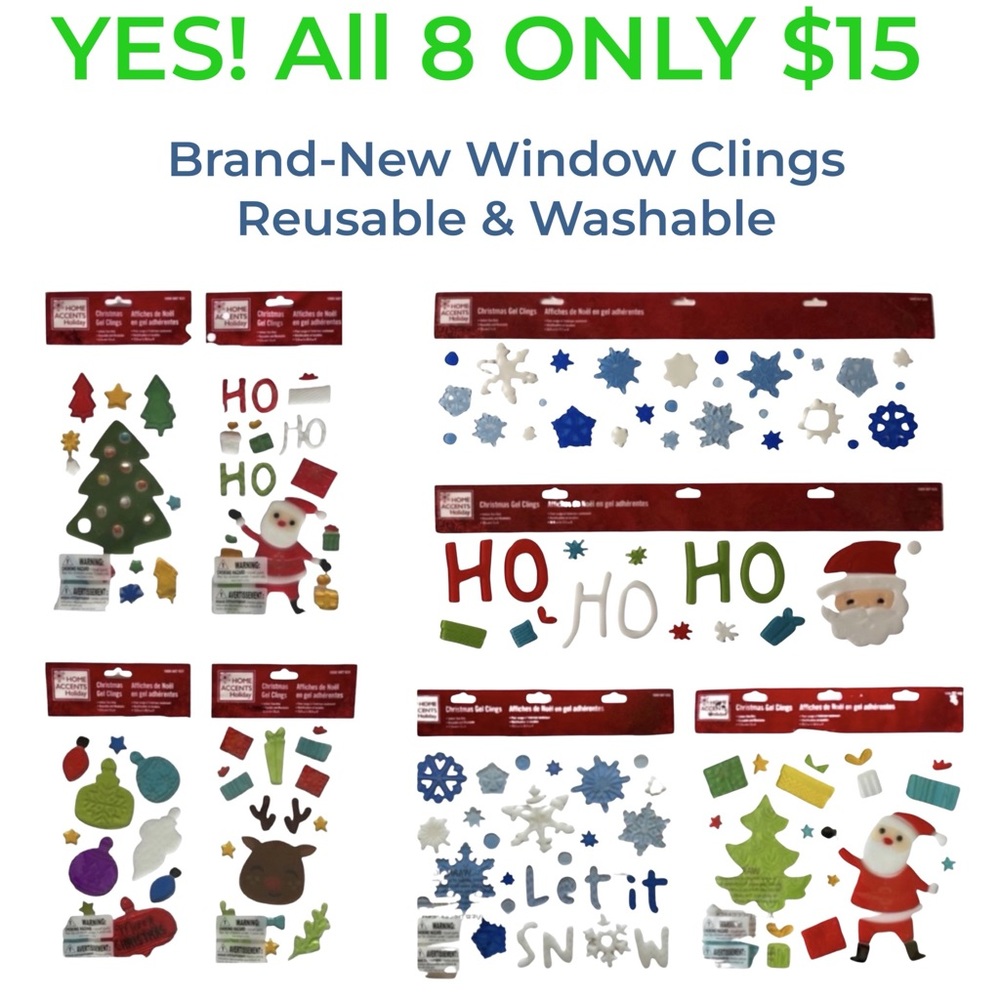 ALL 8 Christmas Gel Clings- Reusable & Washable! Brand-New